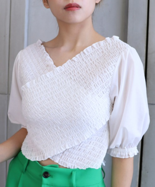 moment+（モーメントプラス）の「T/Cシャンブレー シャーリングカシュクールブラウス（シャツ/ブラウス・レディース・ブラウン/オフホワイト/オレンジ/ナチュラル/イエロー×グリーン・M）」の22枚目の写真