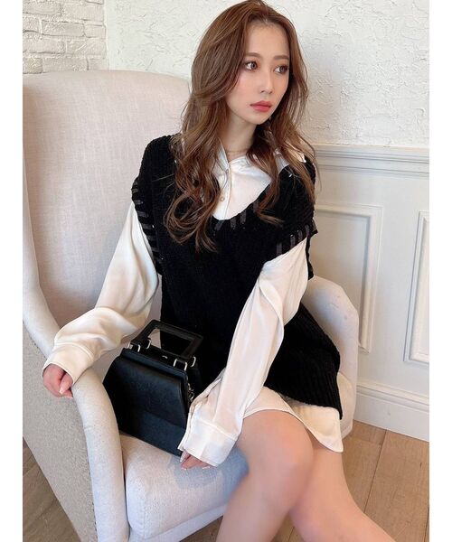 RESEXXY（リゼクシー）の「トリミングデザインシャツチュニック（ベスト・レディース・ブラック/グリーン/アイボリー・FREE）」の6枚目の写真