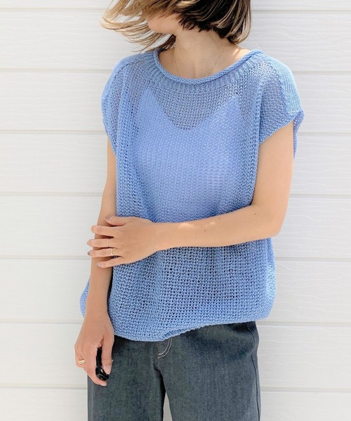 Q(キュー)の「ホールガーメント ストローヤーンニット(ニット/セーター・レディース・ライトブルー/ダークブラウン・MEDIUM)」の1枚目の写真