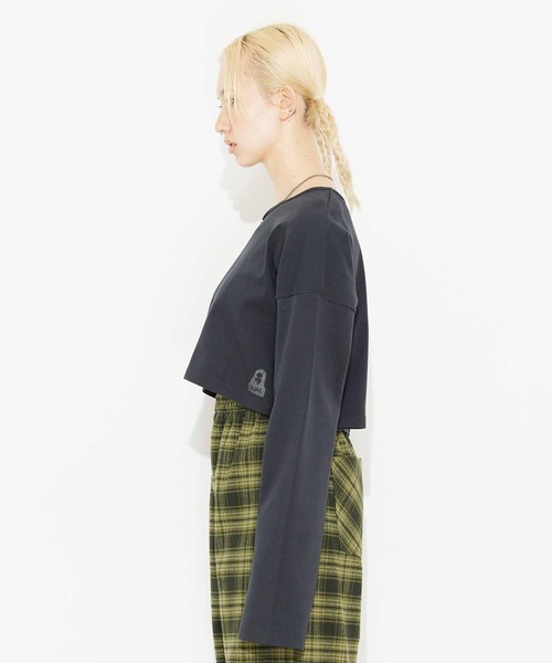 X-girl(エックスガール)の「FACE L/S CROPPED TOP(Tシャツ/カットソー・レディース・ホワイト/チャコール/イエロー・M/S)」の5枚目の写真