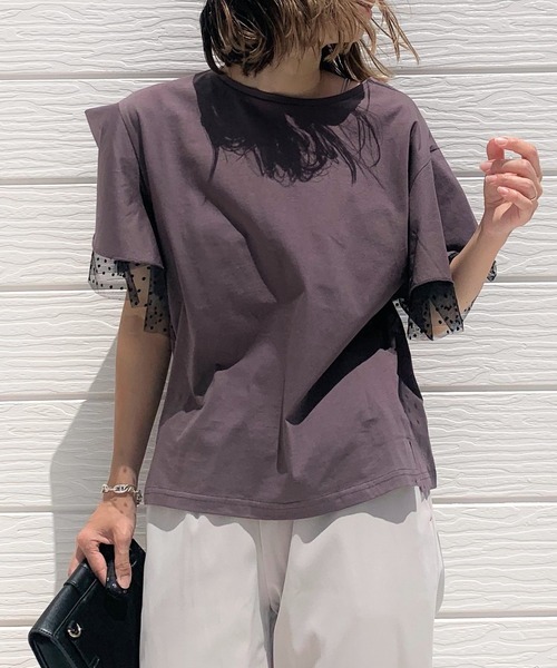 Q（キュー）の「チュールドッキングT（Tシャツ/カットソー・レディース・チャコールグレー/アイボリー・MEDIUM）」の2枚目の写真