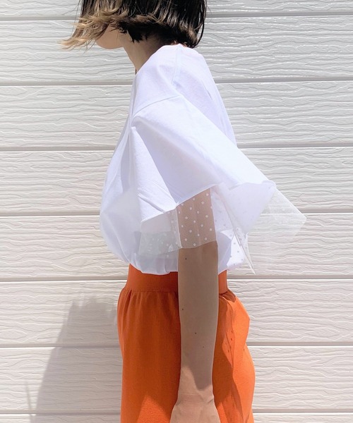 Q（キュー）の「チュールドッキングT（Tシャツ/カットソー・レディース・チャコールグレー/アイボリー・MEDIUM）」の3枚目の写真