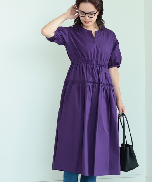 Ray BEAMS（レイビームス）の「Ray BEAMS / キーネック パフスリーブ ワンピース（ワンピース・レディース・ブラック/イエロー系その他5/パープル・ONE SIZE）」の3枚目の写真