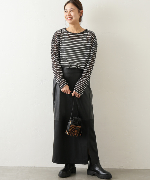 JOURNAL STANDARD relume(ジャーナルスタンダード レリューム)の「シアーボーダークルーネックTEE(Tシャツ/カットソー・レディース・ブラック/ベージュ/カーキ・FREE)」の4枚目の写真