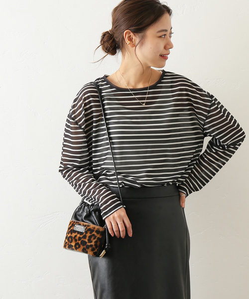 JOURNAL STANDARD relume(ジャーナルスタンダード レリューム)の「シアーボーダークルーネックTEE(Tシャツ/カットソー・レディース・ブラック/ベージュ/カーキ・FREE)」の8枚目の写真