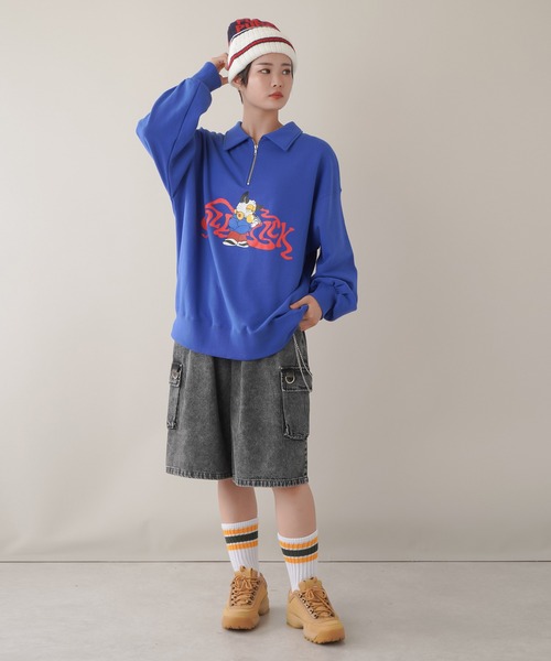 SPINNS(スピンズ)の「SAUSSYデザイン 裏毛ハーフジップスウェット(スウェット・レディース・ブラック/パープル/オフホワイト/オートミール/ロイヤルブルー・ONESIZE)」の17枚目の写真