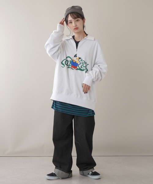SPINNS(スピンズ)の「SAUSSYデザイン 裏毛ハーフジップスウェット(スウェット・レディース・ブラック/パープル/オフホワイト/オートミール/ロイヤルブルー・ONESIZE)」の14枚目の写真