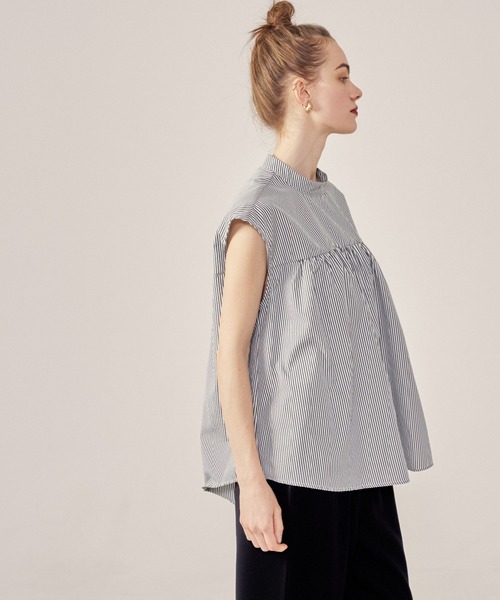 シャツ　ウエストシェイプギャザー　サステナブル　ストライプ　白黒　ブラウス ADAM ET ROPÉ FEMME(アダム エ ロペ ファム) / 【サステナブル