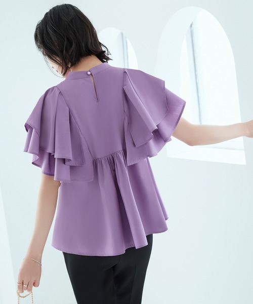 RUIRUE BOUTIQUE(ルイルエブティック)の「レイヤードケープ・キーネックブラウス | 半袖 キーネック トップス 体型カバー オフィスカジュアル ボリュームスリーブ レイヤード ケープ 通勤服 華やか ブラウス(シャツ/ブラウス・レディース・パープル/ネイビー/グレイッシュベージュ・LL/S/3L/M/L)」の9枚目の写真