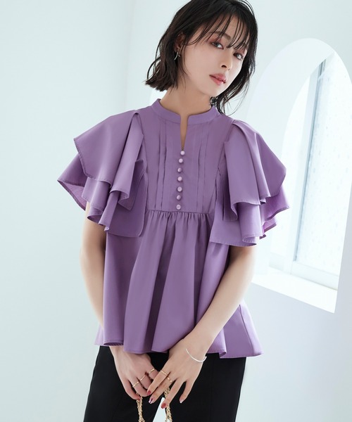 RUIRUE BOUTIQUE(ルイルエブティック)の「レイヤードケープ・キーネックブラウス | 半袖 キーネック トップス 体型カバー オフィスカジュアル ボリュームスリーブ レイヤード ケープ 通勤服 華やか ブラウス(シャツ/ブラウス・レディース・パープル/ネイビー/グレイッシュベージュ・LL/S/3L/M/L)」の10枚目の写真