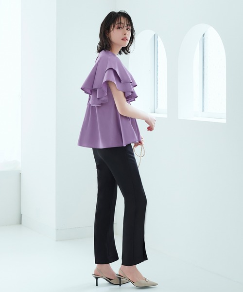 RUIRUE BOUTIQUE(ルイルエブティック)の「レイヤードケープ・キーネックブラウス | 半袖 キーネック トップス 体型カバー オフィスカジュアル ボリュームスリーブ レイヤード ケープ 通勤服 華やか ブラウス(シャツ/ブラウス・レディース・パープル/ネイビー/グレイッシュベージュ・LL/S/3L/M/L)」の11枚目の写真