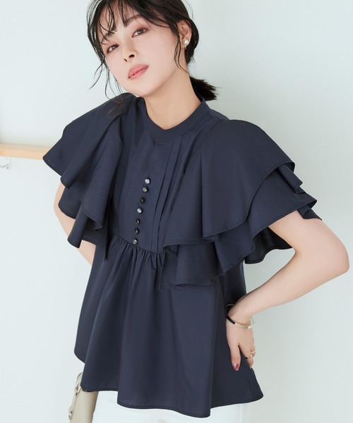 RUIRUE BOUTIQUE(ルイルエブティック)の「レイヤードケープ・キーネックブラウス | 半袖 キーネック トップス 体型カバー オフィスカジュアル ボリュームスリーブ レイヤード ケープ 通勤服 華やか ブラウス(シャツ/ブラウス・レディース・パープル/ネイビー/グレイッシュベージュ・LL/S/3L/M/L)」の13枚目の写真