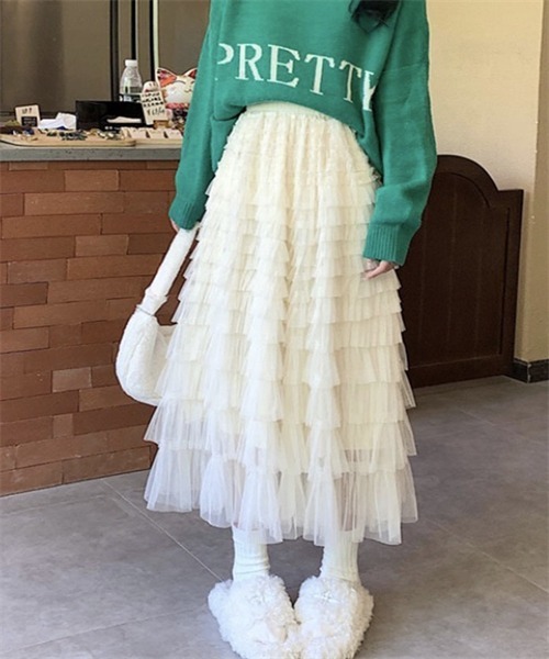 Dream garden（ドリームガーデン）の「チュールフリル ボリュームロングスカート（スカート・レディース・ベージュ/カーキ/ピンク/ブラック/ホワイト・FREE）」の5枚目の写真