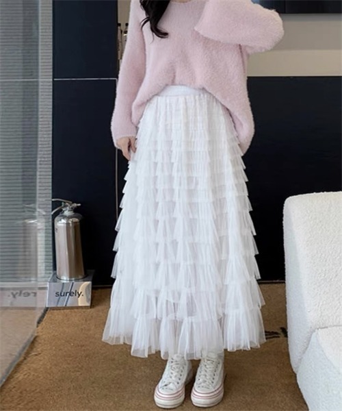 Dream garden（ドリームガーデン）の「チュールフリル ボリュームロングスカート（スカート・レディース・ベージュ/カーキ/ピンク/ブラック/ホワイト・FREE）」の7枚目の写真