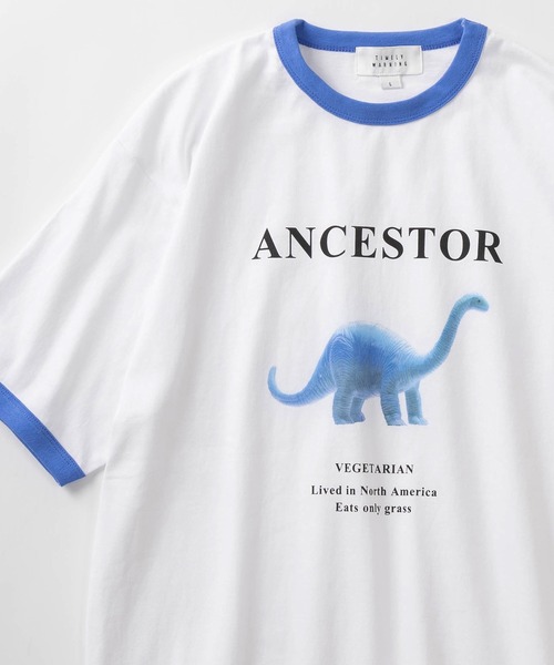 TIMELY WARNING（タイムリーワーニング）の「レトロタッチ ユニークフォトプリント リンガーデザイン半袖Tシャツ/オーバーサイズ/BREAD/ENERGY/ANCESTOR/【Selfie Freak】（Tシャツ/カットソー・レディース・ホワイト×ブルー/ホワイト×レッド/ホワイト×ブラック・M/L/XL）」の3枚目の写真