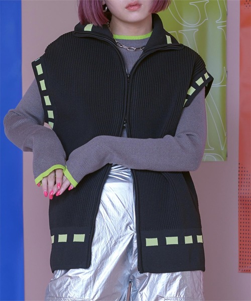miette（ミエット）の「ｽﾃｯﾁ風ﾌﾛﾝﾄｼﾞｯﾌﾟﾊｲﾈｯｸﾍﾞｽﾄ（ニット/セーター・レディース・ブラック/アイボリー・FREE）」の9枚目の写真