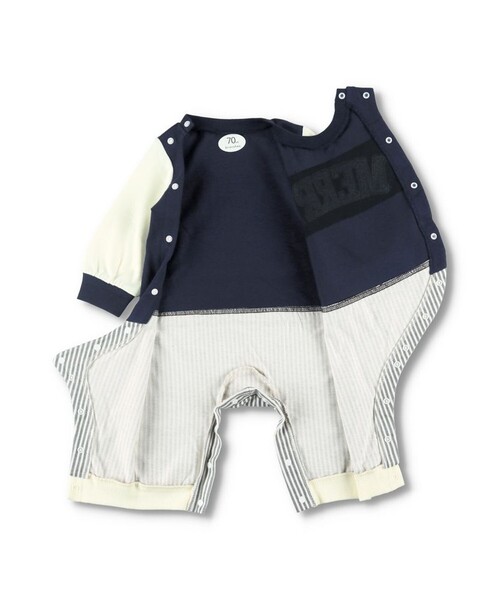 BRANSHES(ブランシェス)の「【ベビー】ストライプパンツ重ね着風前あき長袖カバーオール(ロンパース・キッズ・グリーン/ネイビー・80/70)」の7枚目の写真