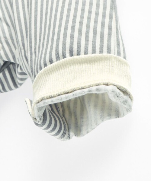 BRANSHES(ブランシェス)の「【ベビー】ストライプパンツ重ね着風前あき長袖カバーオール(ロンパース・キッズ・グリーン/ネイビー・80/70)」の12枚目の写真