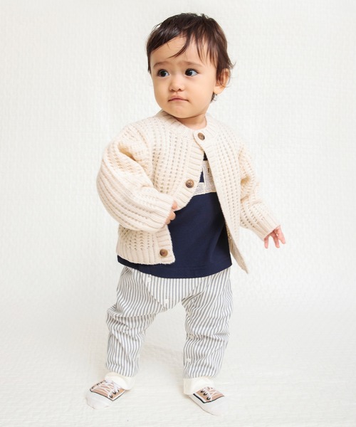 BRANSHES(ブランシェス)の「【ベビー】ストライプパンツ重ね着風前あき長袖カバーオール(ロンパース・キッズ・グリーン/ネイビー・80/70)」の5枚目の写真