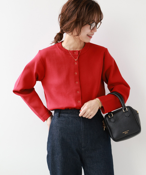 JOURNAL STANDARD relume（ジャーナルスタンダード　レリューム）の「《追加2》ウォッシャブルスポンジニットクルーネックカーディガン（カーディガン/ボレロ・レディース・ブラック/ネイビー/レッド/ホワイト・FREE）」の4枚目の写真