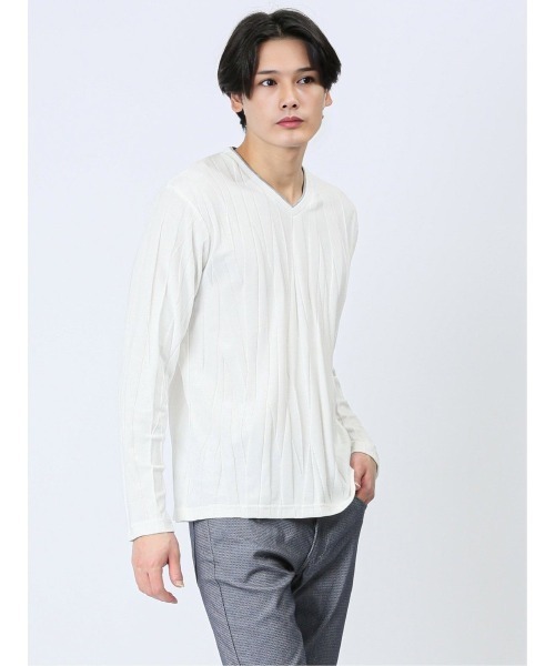 m.f.editorial(エムエフエディトリアル)の「リンクスジャガードストライプ フェイクVネック長袖Tシャツ(Tシャツ/カットソー・メンズ・ブラック/ホワイト・LARGE/MEDIUM/X-LARGE)」の1枚目の写真