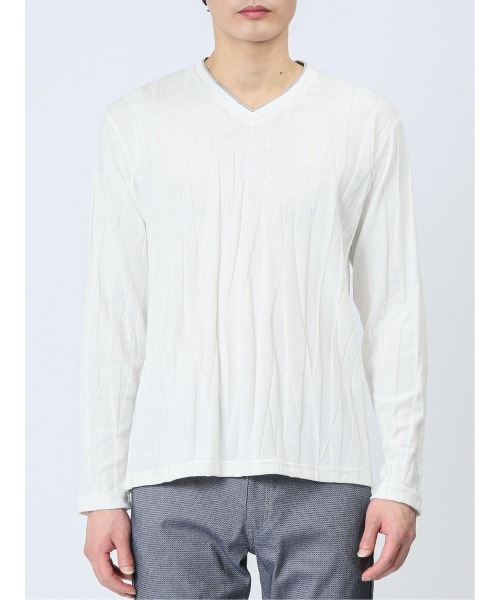 m.f.editorial(エムエフエディトリアル)の「リンクスジャガードストライプ フェイクVネック長袖Tシャツ(Tシャツ/カットソー・メンズ・ブラック/ホワイト・LARGE/MEDIUM/X-LARGE)」の16枚目の写真
