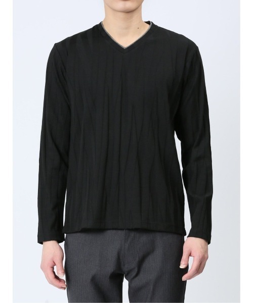 m.f.editorial(エムエフエディトリアル)の「リンクスジャガードストライプ フェイクVネック長袖Tシャツ(Tシャツ/カットソー・メンズ・ブラック/ホワイト・LARGE/MEDIUM/X-LARGE)」の7枚目の写真