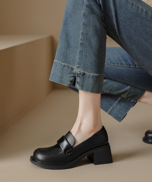 shoes365(シューズスリーシックスファイヴ)の「【shoes365】ハイヒール 厚底スクエアトウ・ローファー(ローファー・レディース・ブラック系その他2/ブラック系その他・24.0cm/24.5cm/22.5cm/23.5cm/23.0cm)」の1枚目の写真
