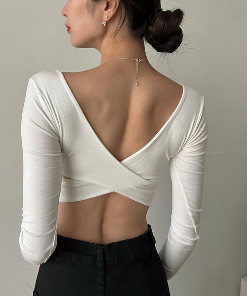 Jewelobe（ジュエローブ）の「バッククロスクロップドカットソー（Tシャツ/カットソー・レディース・グレー/ホワイト/ブラック・FREE）」の4枚目の写真