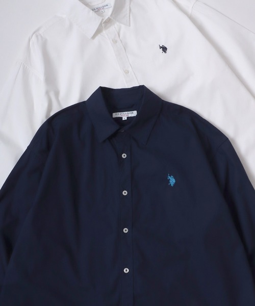 U.S. POLO ASSN.(ユーエスポロアッスン)の「U.S. POLO ASSN./ユーエスポロアッスン オーバーサイズ ブロード 無地 ストライプ ロゴ ワンポイント刺繍 レギュラーカラー 長袖シャツ/レディース メンズ(シャツ/ブラウス・メンズ・ブルー系その他/ホワイト系その他/ホワイト/ネイビー・LL/M/L)」の1枚目の写真