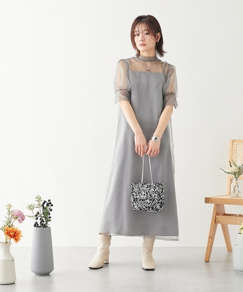 ボリュームスリーブオーガンジーワンピースドレス 大きいサイズ有〔Neina〕