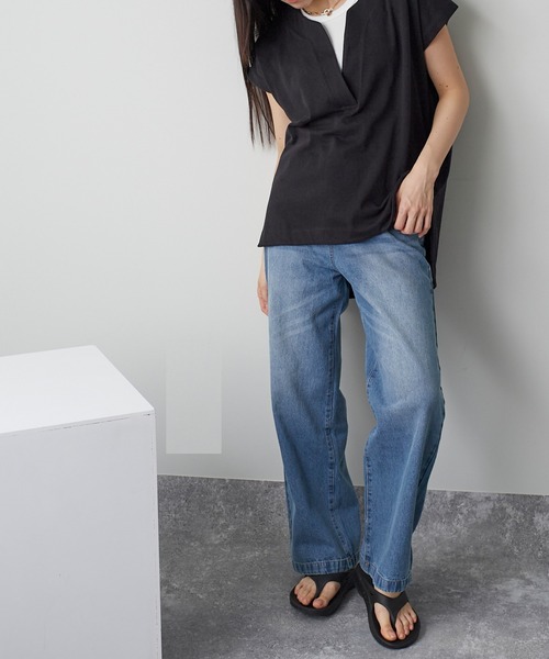 ANOTHER S（アナザーエス）の「綿100%Vネック半袖プルオーバー（Tシャツ/カットソー・レディース・アイボリー/グレー/ブラック・M）」の9枚目の写真