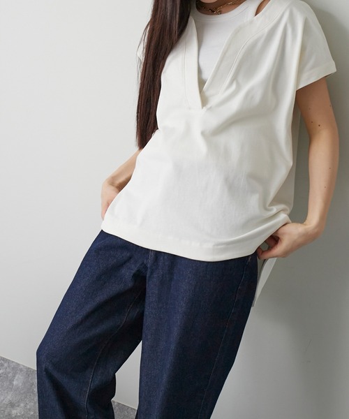 ANOTHER S（アナザーエス）の「綿100%Vネック半袖プルオーバー（Tシャツ/カットソー・レディース・アイボリー/グレー/ブラック・M）」の18枚目の写真