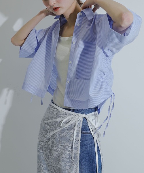 SENSE OF PLACE by URBAN RESEARCH（センスオブプレイスバイアーバンリサーチ）の「シャーリングクロップドシャツ(半袖)（シャツ/ブラウス・レディース・ブルー系その他/グレー系その他/ピンク系その他・ONE）」の3枚目の写真