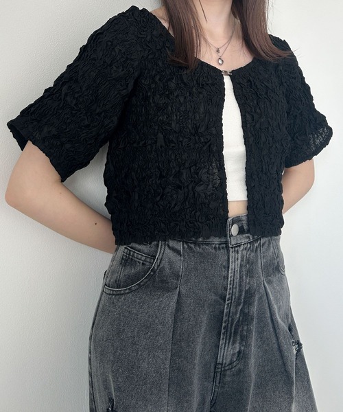 Heather（ヘザー）の「ワッシャーコンパクトカーディガン（半袖）　132632（カーディガン/ボレロ・レディース・アイボリー/ブラック/グレー・FREE）」の6枚目の写真