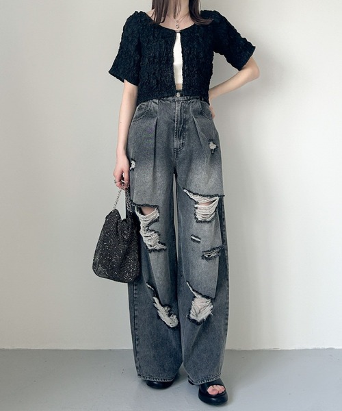 Heather（ヘザー）の「ワッシャーコンパクトカーディガン（半袖）　132632（カーディガン/ボレロ・レディース・アイボリー/ブラック/グレー・FREE）」の5枚目の写真