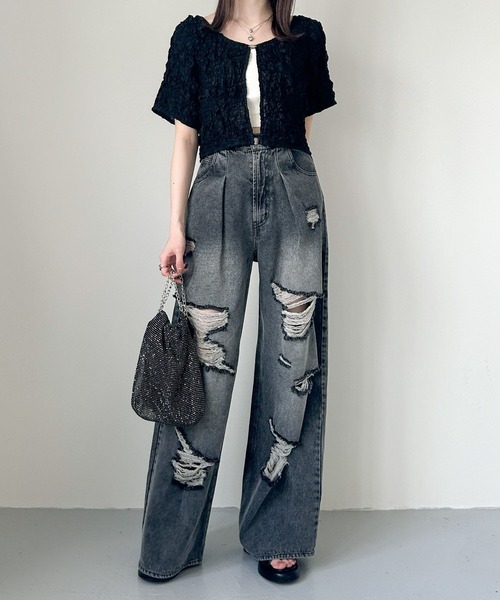 Heather（ヘザー）の「ワッシャーコンパクトカーディガン（半袖）　132632（カーディガン/ボレロ・レディース・アイボリー/ブラック/グレー・FREE）」の4枚目の写真