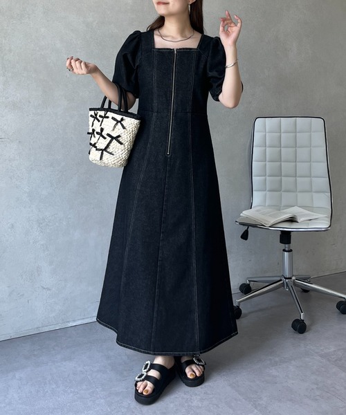 コヒナ デニム シャツワンピース パフスリーブ 2way Vネック ブルー コヒナ デニム シャツワンピース パフスリーブ 2way Vネック