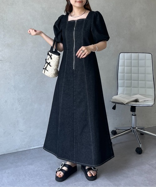 prose verse（プロズヴェール）の「フロントジップスクエアネックパフスリーブデニムワンピース（ワンピース・レディース・ブルー/ブラック・MEDIUM/PM）」の10枚目の写真