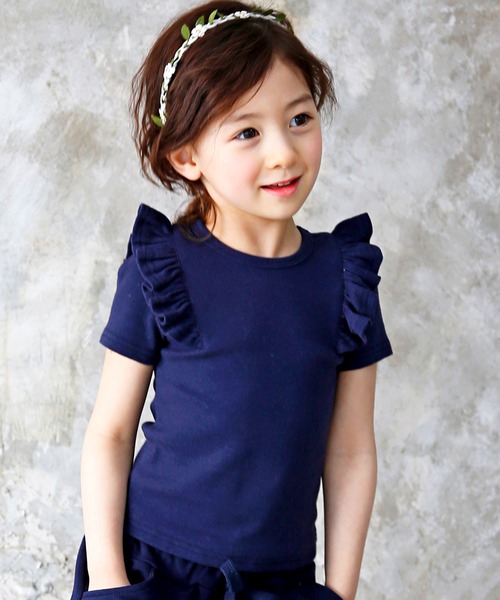 Bee des Bee（ビーデスビー）の「肩フリル 半袖トップス（Tシャツ/カットソー・キッズ・アイボリー/ブルーグレー/ライトブルー/グレー/ブルー/パープル系/ネイビー/ラベンダー・130cm/140cm/150cm/100cm/110cm/120cm）」の5枚目の写真