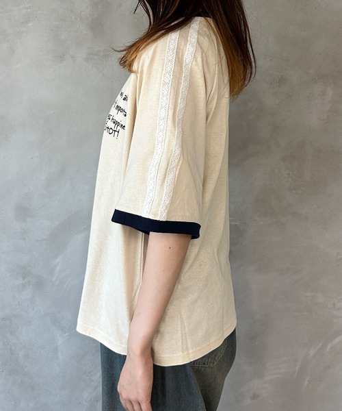 kutir（クティール）の「レースラインリンガーTシャツ（Tシャツ/カットソー・レディース・レッド/アイボリー/サックスブルー/チャコールグレー・FREE）」の6枚目の写真
