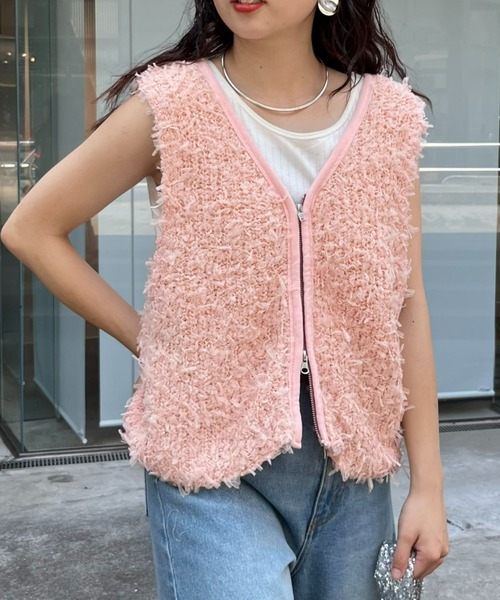 CIAOPANIC TYPY（チャオパニックティピー）の「リボンチュールヤーンZIPベスト（ベスト・レディース・ピンク/ベージュ/アイボリー/ブラック・ONE SIZE）」の9枚目の写真