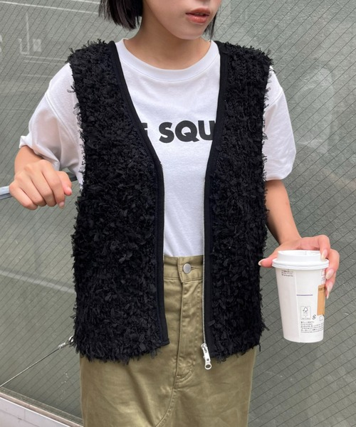 CIAOPANIC TYPY（チャオパニックティピー）の「リボンチュールヤーンZIPベスト（ベスト・レディース・ピンク/ベージュ/アイボリー/ブラック・ONE SIZE）」の7枚目の写真