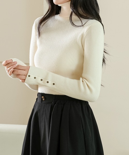 Lace Ladies(レースレディース)の「ソリッドカラー サイドボタン リブ ニット ハイネック プルオーバー(ニット/セーター・レディース・ブラック/ブラウン/アイボリー・M/XL)」の18枚目の写真