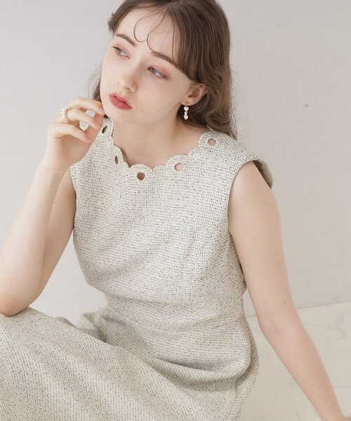 couture brooch(クチュールブローチ)の「◆【美シルエット・上品ワンピ】エンブロネック ツイードワンピ(ワンピース・レディース・アイボリー/ブラック・36/38/40/42)」の12枚目の写真