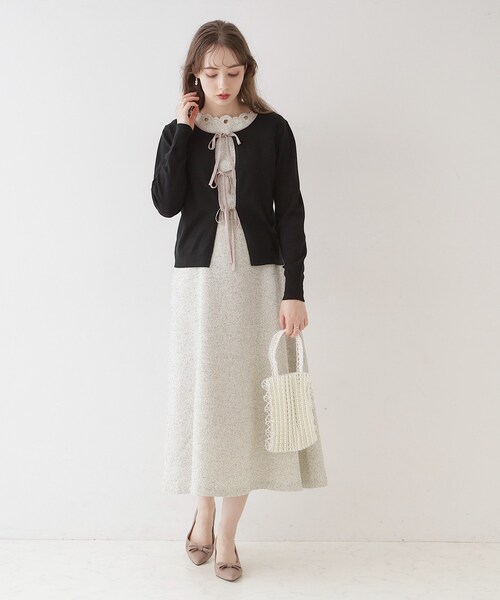 couture brooch(クチュールブローチ)の「◆【美シルエット・上品ワンピ】エンブロネック ツイードワンピ(ワンピース・レディース・アイボリー/ブラック・36/38/40/42)」の18枚目の写真