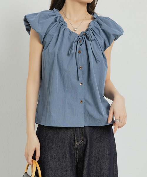 MAISON DE THERESE(メゾン ド テレーズ)の「Vネック半袖シャツ(シャツ/ブラウス・レディース・ホワイト/ブルー・L/M)」の7枚目の写真