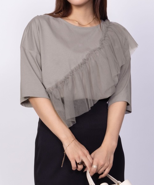 Howdy Marie（ハウディ―マリー）の「Howdy Marieギャザーチュール 5分袖Ｔシャツ（Tシャツ/カットソー・レディース・ブラック/チャコールグレー/オフホワイト・M/L）」の2枚目の写真