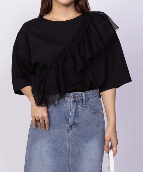 Howdy Marie（ハウディ―マリー）の「Howdy Marieギャザーチュール 5分袖Ｔシャツ（Tシャツ/カットソー・レディース・ブラック/チャコールグレー/オフホワイト・M/L）」の3枚目の写真