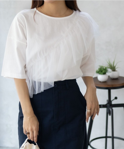 Howdy Marie（ハウディ―マリー）の「Howdy Marieギャザーチュール 5分袖Ｔシャツ（Tシャツ/カットソー・レディース・ブラック/チャコールグレー/オフホワイト・M/L）」の4枚目の写真